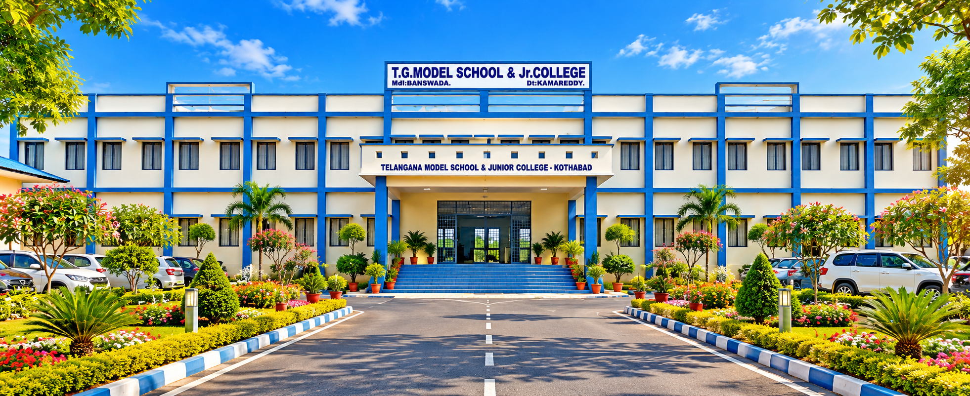 Artistically enhanced visualization of TG Model School and Junior College Kothabad campus with proposed landscaping